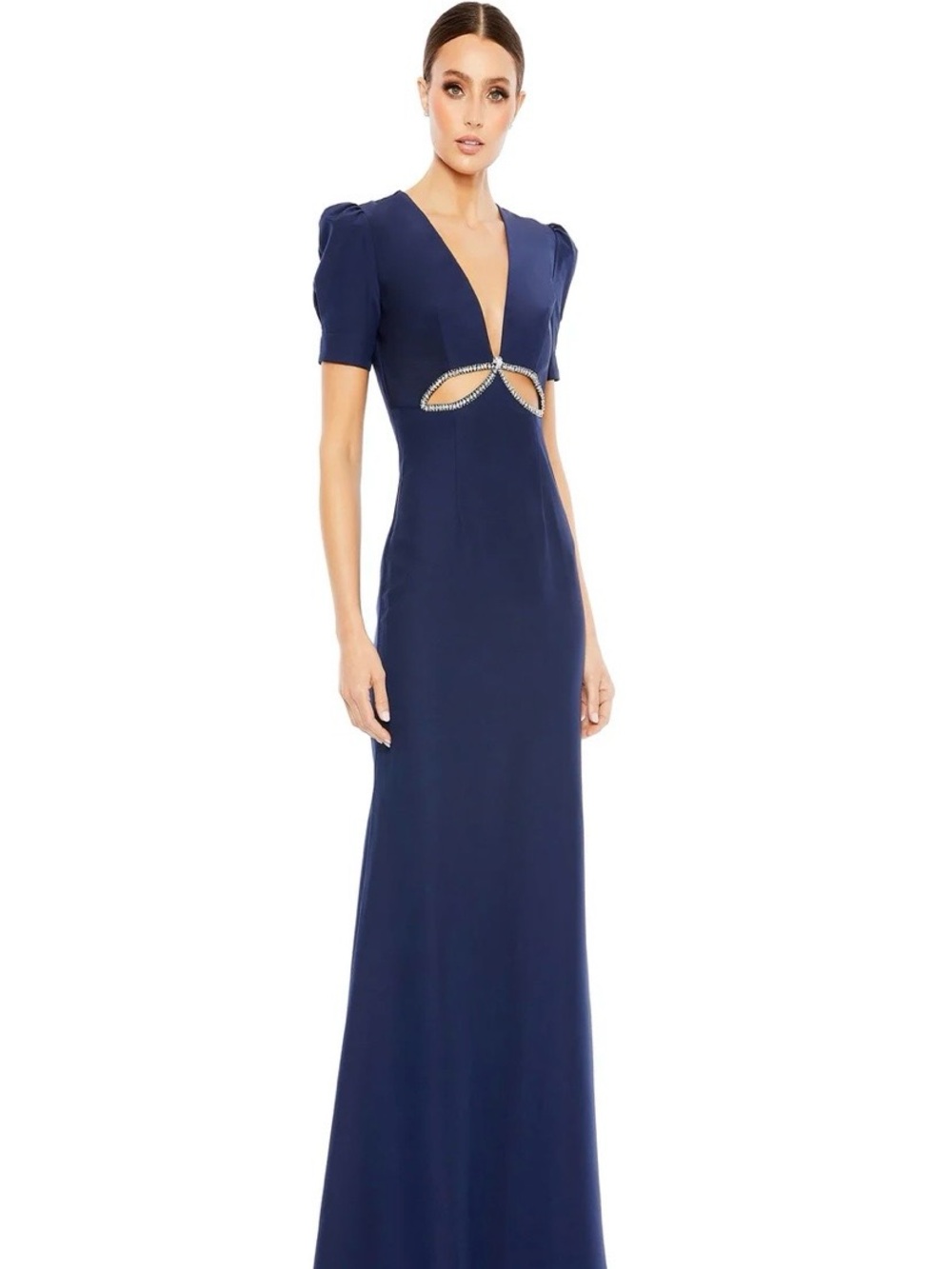 Ieena for Mac Duggal Dress Size 4 Navy Plunge Jewels Fit & Flare Formal Wedding
